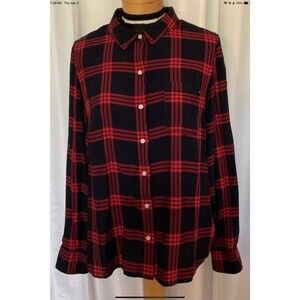 Tommy Hilfiger Womens Button Up Shirt Size Large Red Blue Plaid Roll Tab Sleeve